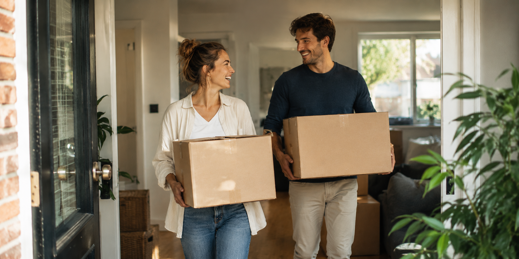 Woning kopen? Stappenplan van bezichtiging tot sleutel. In de afbeelding een stel bezig met verhuizen en het in- uitladen van verhuisdozen