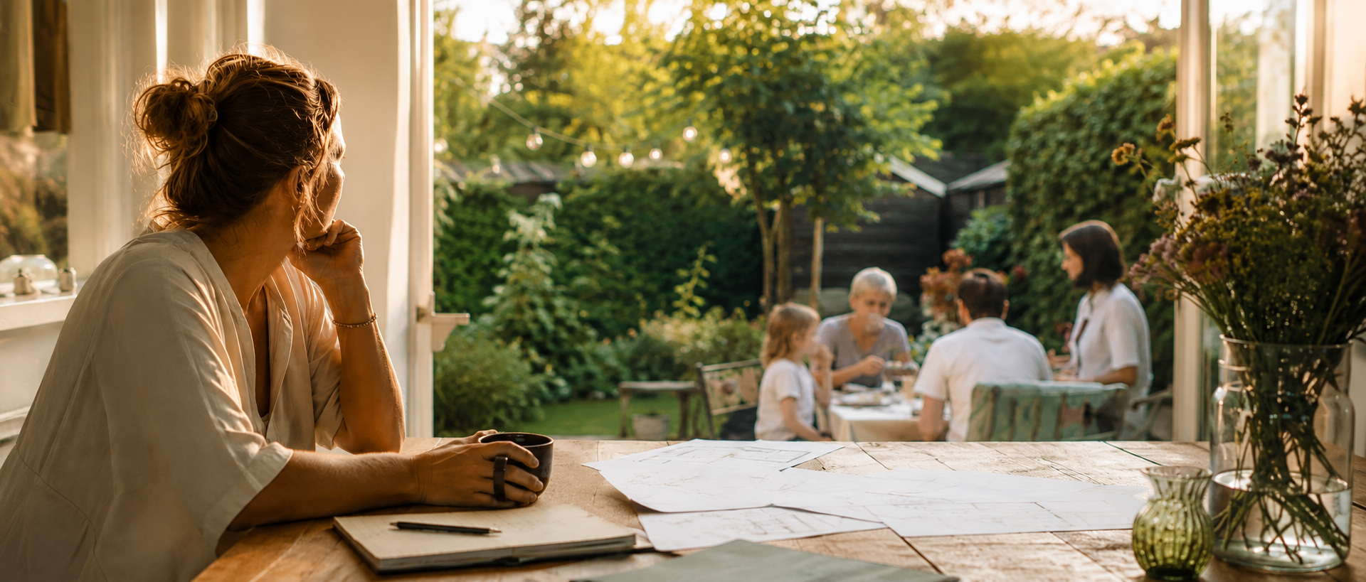 Vrouw zit aan tafel met geprinte bouwtekeningen. Ze kijkt naar buiten naar haar gezin. Ze bedenkt of ze moet verhuizen of verbouwen.
