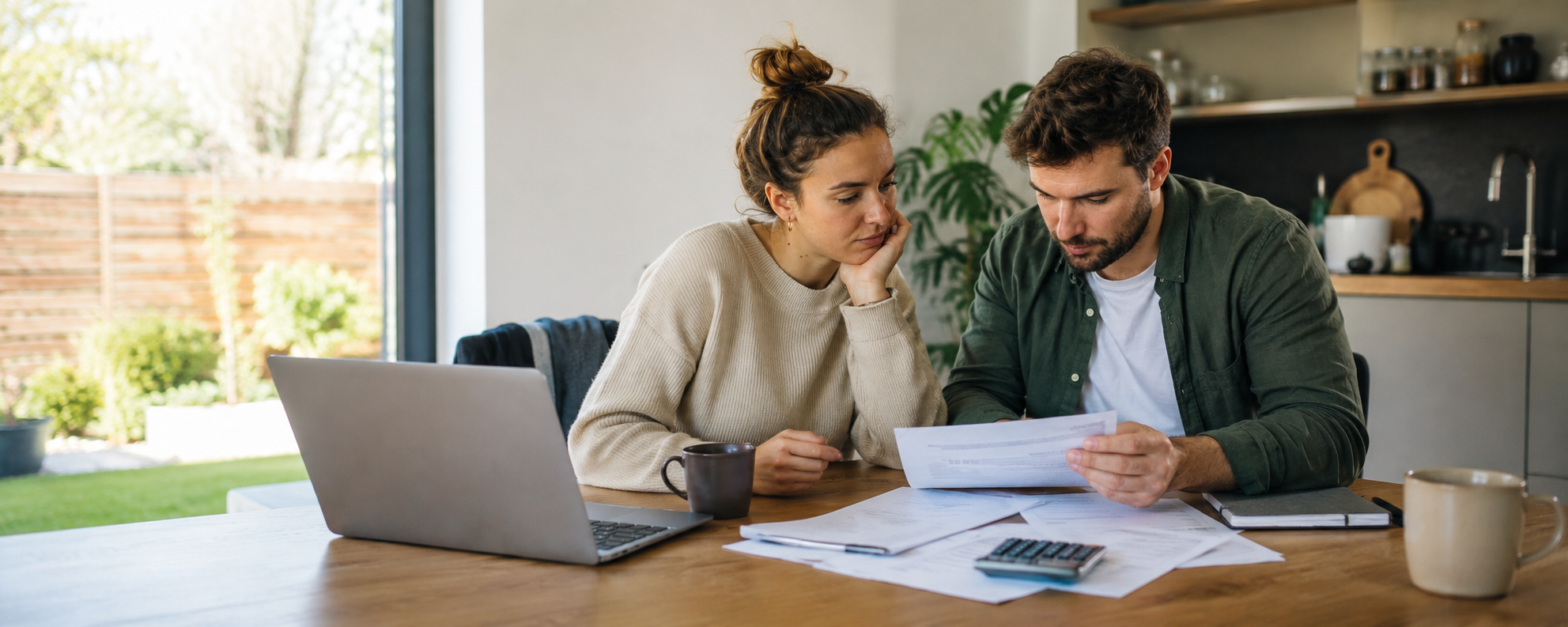 Man en vrouw zitten aan de keukentafel achter een laptop. Ze bekijken het bieden onder voorbehoud van financiering