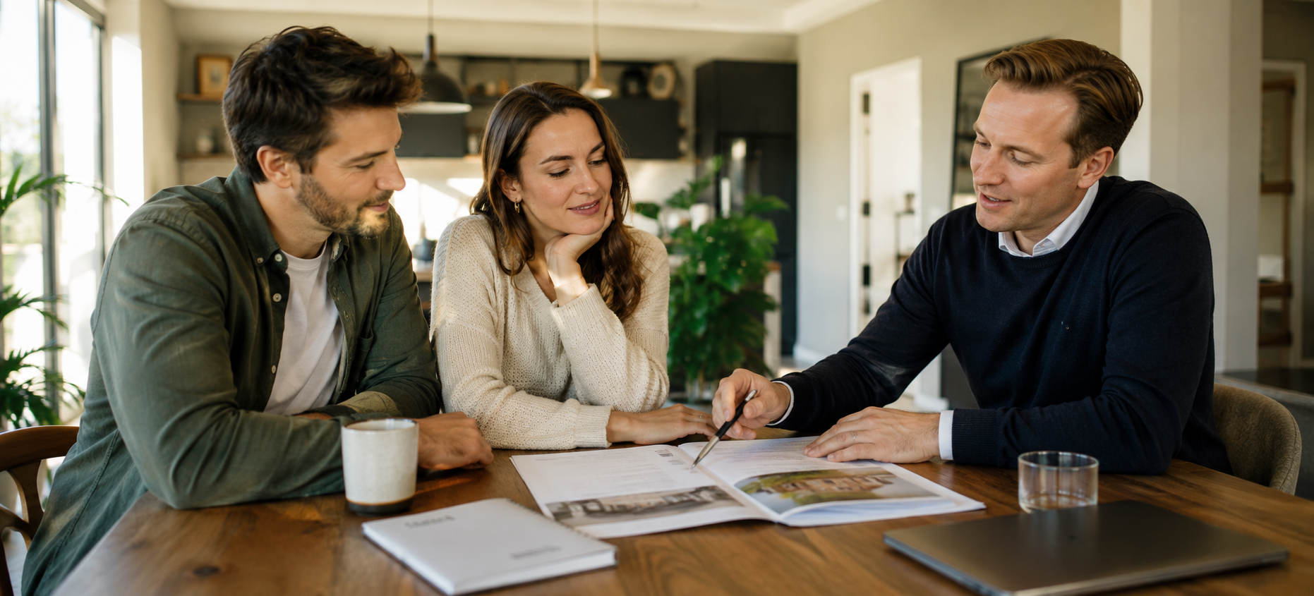 Man en vrouw in gesprek met hypotheekadviseur. Hulp bij huis kopen: wie helpt je tijdens het koopproces?