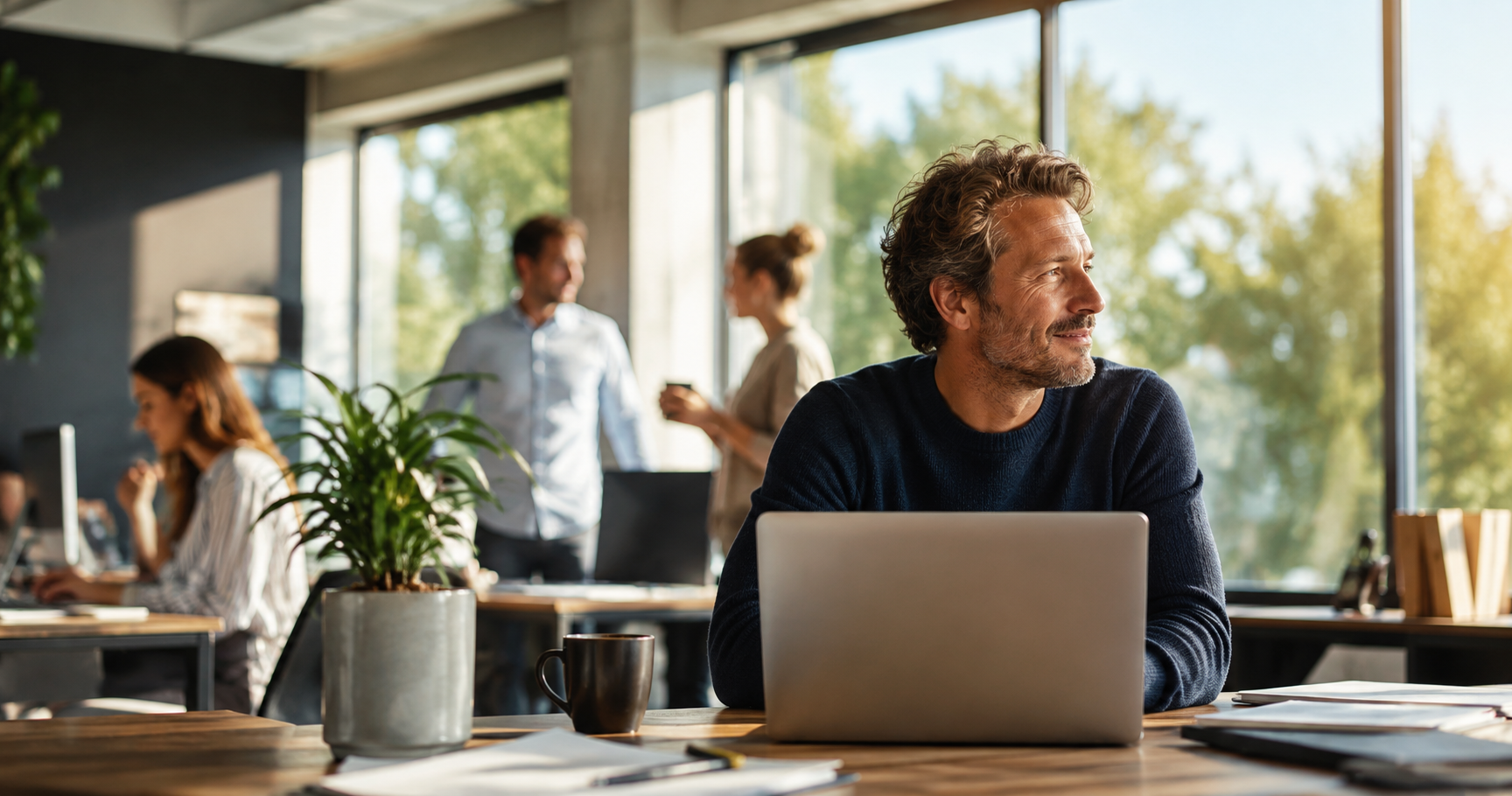 Werkgever zit achter zijn laptop