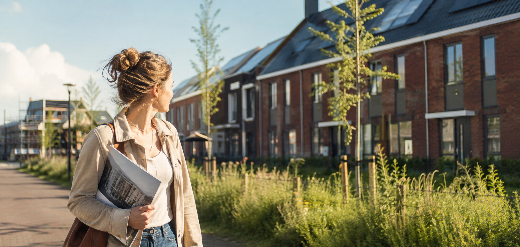 Vrouw die net bij een bezichtiging van een nieuwbouwwoning is geweest