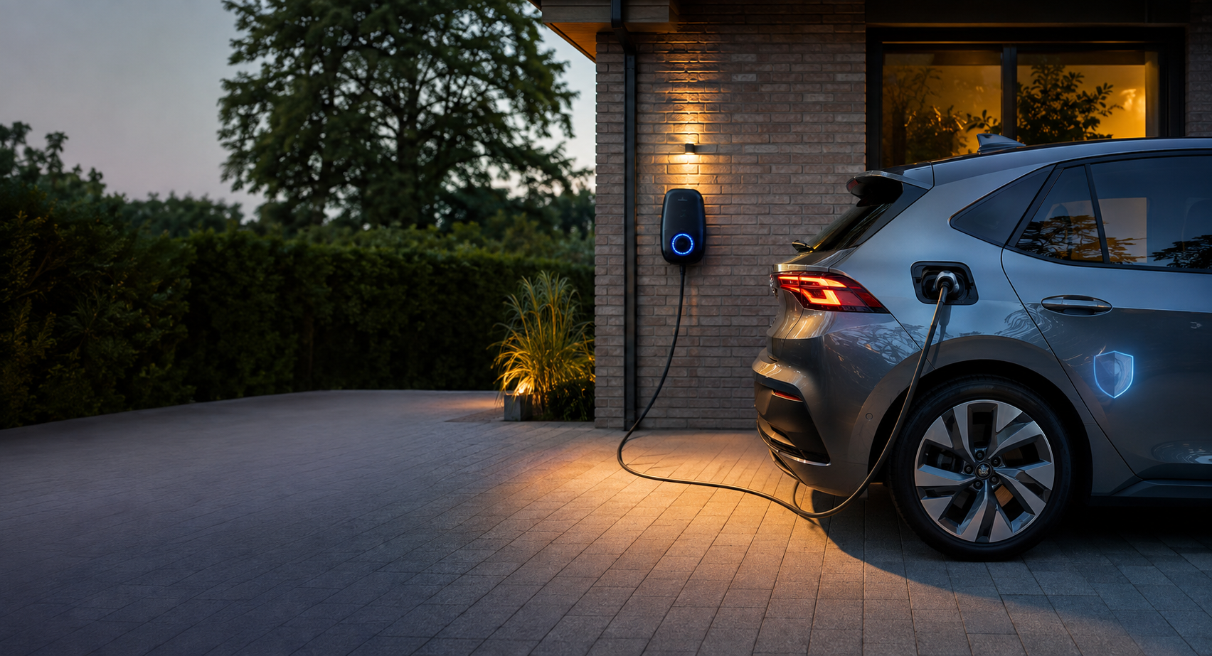 Elektrische auto die aan de laadpaal aangesloten is bij een woning
