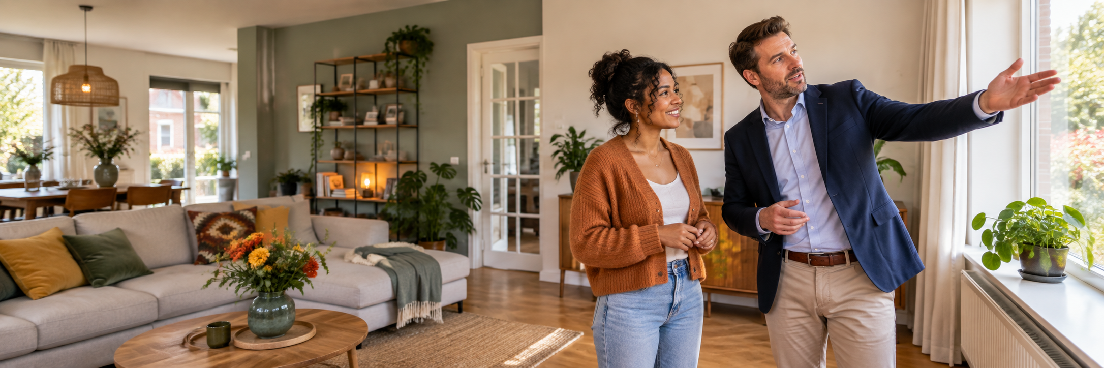 Vrouw met verkoopmakelaar aan het kijken om haar huis te verkopen. Huis verkopen voorbereiden